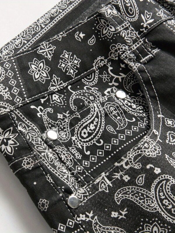Paisley & Floral Pattern Slim Fit Jeans, Men's Casual Street Style Slightly Stretch Denim Pants For Spring Summer