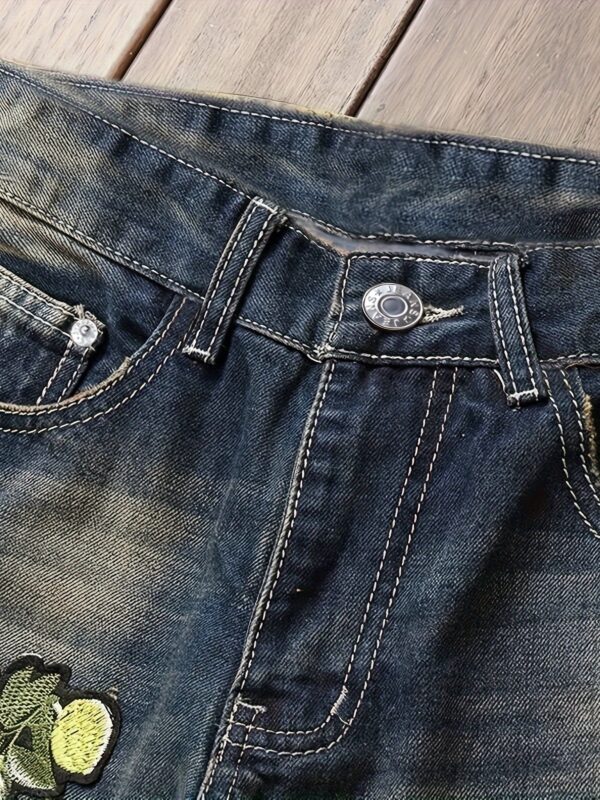 Men's Punk-Inspired Embroidered Tiger Head Jeans - Slim Fit, Stretch Denim with Pockets, Machine Washable