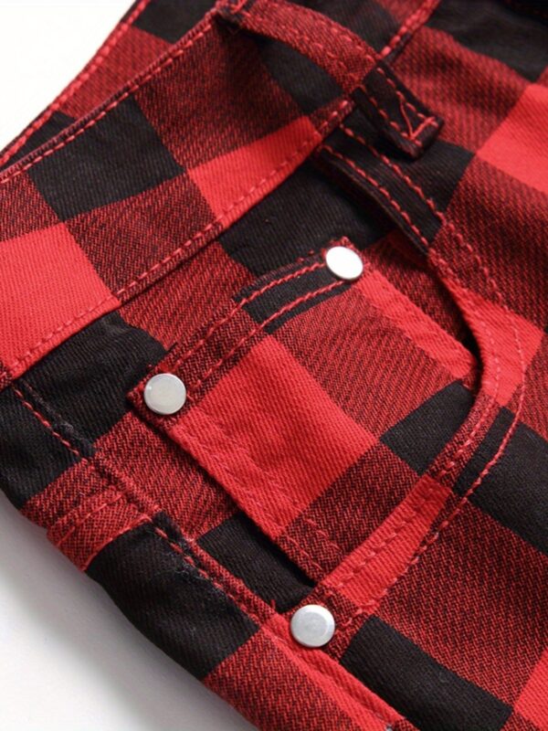 product-Fancyalgo-VirtualModelMatting-85ba231e40b1455e541135241fcfc76b Men's Plaid Pattern Slim Fit And Cuffed Denim Jeans With Multiple Pockets, Classic And Chic Pants For All Seasons Leisurewear