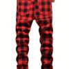 product-Fancyalgo-VirtualModelMatting-8f39442c3c4973e69efd565169c67903 Men's Plaid Pattern Slim Fit And Cuffed Denim Jeans With Multiple Pockets, Classic And Chic Pants For All Seasons Leisurewear
