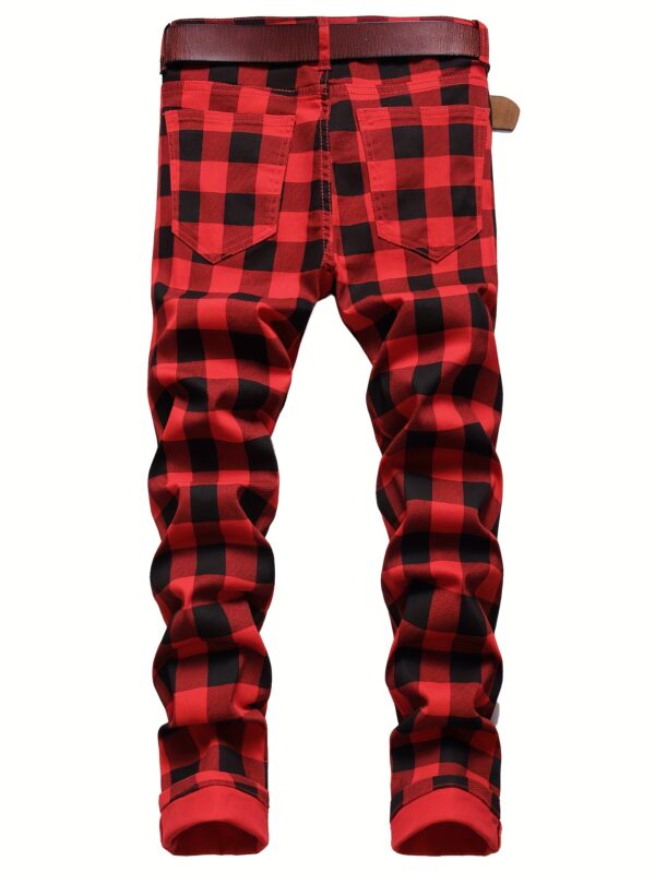 product-Fancyalgo-VirtualModelMatting-8f39442c3c4973e69efd565169c67903 Men's Plaid Pattern Slim Fit And Cuffed Denim Jeans With Multiple Pockets, Classic And Chic Pants For All Seasons Leisurewear