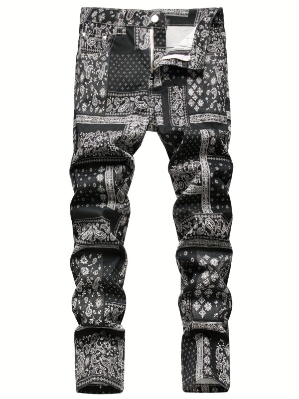 Paisley & Floral Pattern Slim Fit Jeans, Men's Casual Street Style Slightly Stretch Denim Pants For Spring Summer