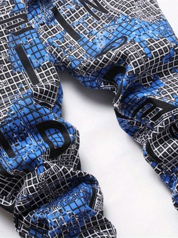 Men's Slim Fit Jeans - Streetwear Pants with Digital Grid Pattern in Blue/Black/White/Gray/, Zipper Closure, Machine Washable All-Season Jeans for Urban Fashion & Casual Attire, Versatile Clothing, Modern Design, Flexible Material, Trendy Bottoms, Young Adults