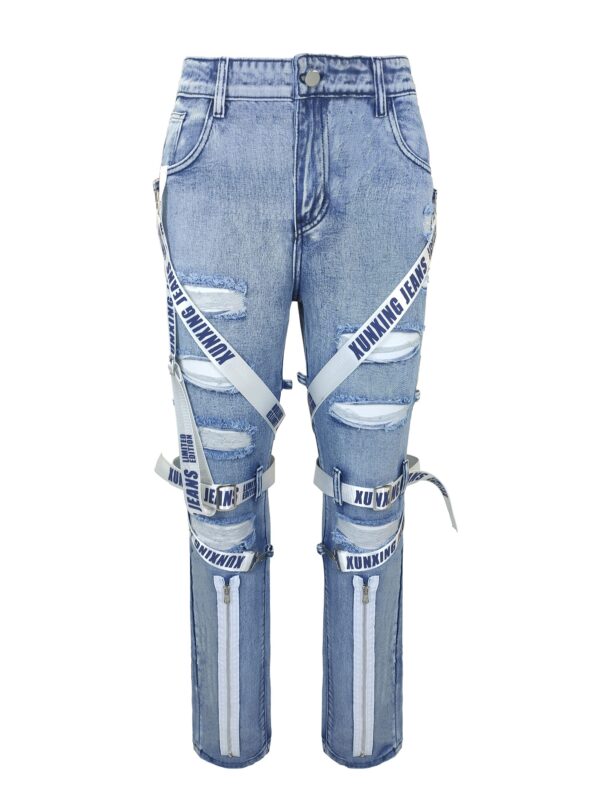 Casual Street Style Bandage And Zipper Decor Jeans, Men's Trendy Denim Pants For Spring Summer
