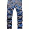 Men's Slim Fit Jeans - Streetwear Pants with Digital Grid Pattern in Blue/Black/White/Gray/, Zipper Closure, Machine Washable All-Season Jeans for Urban Fashion & Casual Attire, Versatile Clothing, Modern Design, Flexible Material, Trendy Bottoms, Young Adults