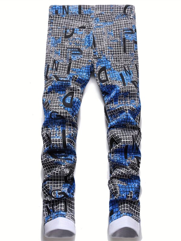 Men's Slim Fit Jeans - Streetwear Pants with Digital Grid Pattern in Blue/Black/White/Gray/, Zipper Closure, Machine Washable All-Season Jeans for Urban Fashion & Casual Attire, Versatile Clothing, Modern Design, Flexible Material, Trendy Bottoms, Young Adults