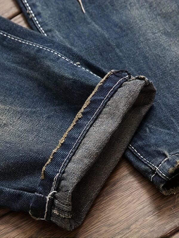 Men's Punk-Inspired Embroidered Tiger Head Jeans - Slim Fit, Stretch Denim with Pockets, Machine Washable