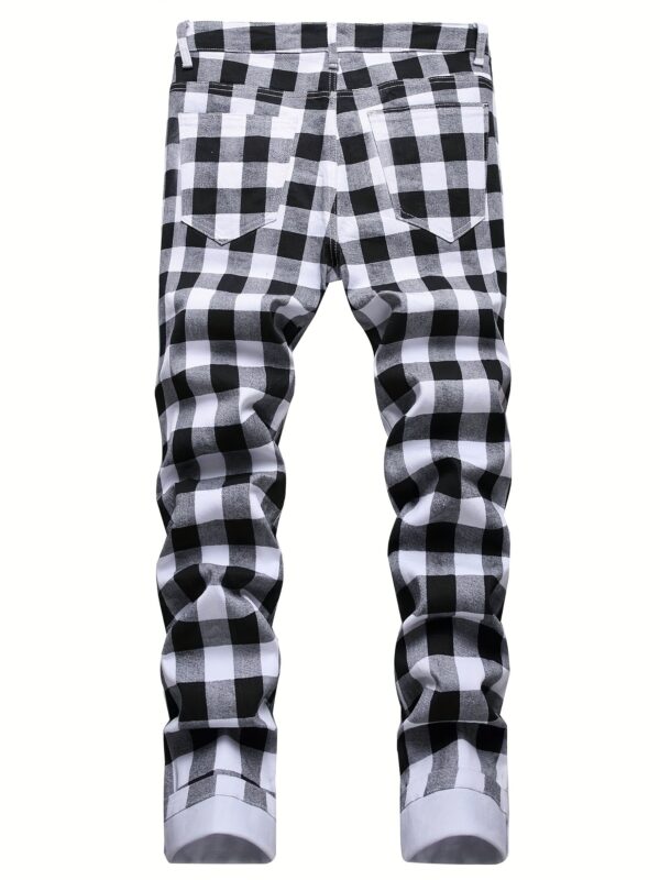 product-Fancyalgo-VirtualModelMatting-bb6ccd3d8b302310b3dbe9d96c5649d4 Men's Plaid Pattern Slim Fit And Cuffed Denim Jeans With Multiple Pockets, Classic And Chic Pants For All Seasons Leisurewear