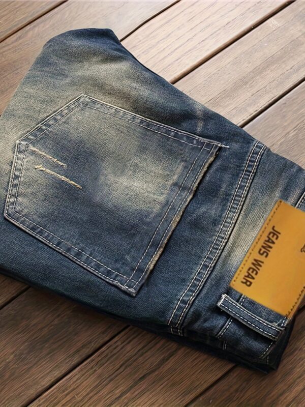 Men's Punk-Inspired Embroidered Tiger Head Jeans - Slim Fit, Stretch Denim with Pockets, Machine Washable