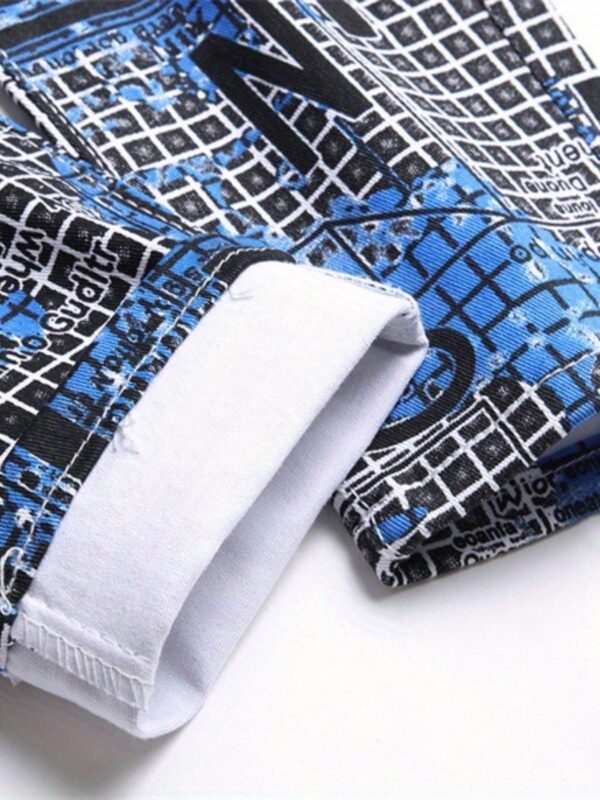 Men's Slim Fit Jeans - Streetwear Pants with Digital Grid Pattern in Blue/Black/White/Gray/, Zipper Closure, Machine Washable All-Season Jeans for Urban Fashion & Casual Attire, Versatile Clothing, Modern Design, Flexible Material, Trendy Bottoms, Young Adults