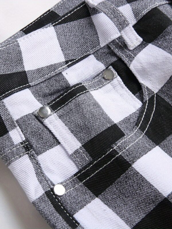 product-Fancyalgo-VirtualModelMatting-f4c75d6319ae82b8a870db103708681e Men's Plaid Pattern Slim Fit And Cuffed Denim Jeans With Multiple Pockets, Classic And Chic Pants For All Seasons Leisurewear