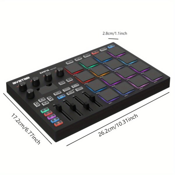 UTIMO MIDI Pad Controller Beat Maker Machine 16 RGB Velocity Sensitive Beat Pads, 16 Level, Full/Half Level, OLED Display, MIDI In/Out, USB Powered, Plastic, for Studio Recordin