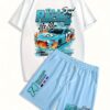 2pcs Men'S 3D Print Summer Clothing Set, Print Graphics, Short Sleeve Crew Neck T-Shirt And Elastic Waist Shorts with Pockets for Outdoor Sports Fitness