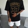 product-b6f4e55af0680bf93da4259362524e924b146244.goods_.000001 Men'S Boston 33 Jersey T-Shirt - Pink Casual Summer Tee with Black Number & Letter Print, Loose Fit Round Neck Tshirt for Adults, Fan Apparel, Comfortable Clothing, Durable Fabric, Perfect for Outdoor