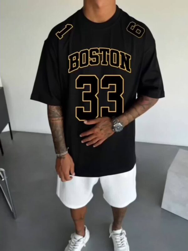 product-b6f4e55af0680bf93da4259362524e924b146244.goods_.000001 Men'S Boston 33 Jersey T-Shirt - Pink Casual Summer Tee with Black Number & Letter Print, Loose Fit Round Neck Tshirt for Adults, Fan Apparel, Comfortable Clothing, Durable Fabric, Perfect for Outdoor