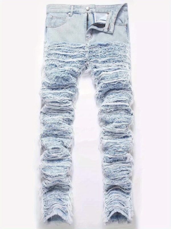 Men'S High-Street Hip-Hop Style Washed Distressed Denim Jeans with Frayed Hem & Tassel Details - Straight-Leg, Non-Stretch, All-Season Casual Pants for Teens, Allseason Jeans, Streetwear Fashion, Vintage Washed Jeans