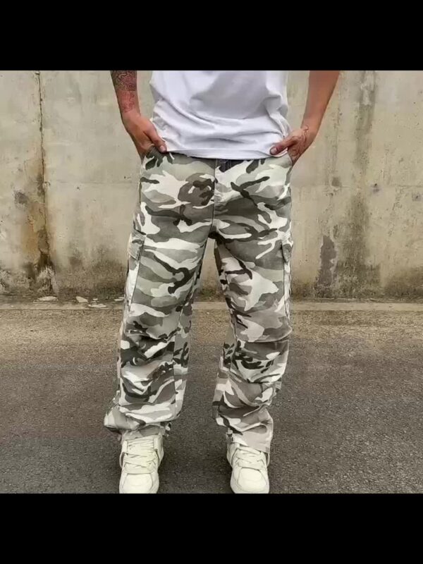 Men'S Washed Camo High-Street Style Cargo Straight-Leg Jeans - Loose Fit, Non-Stretch Denim, Casual All-Season Wear with Raw Wash Detail, Comfortable Denim Jeans | Streetwear Fashion | Versatile Clothing, High Street Jeans