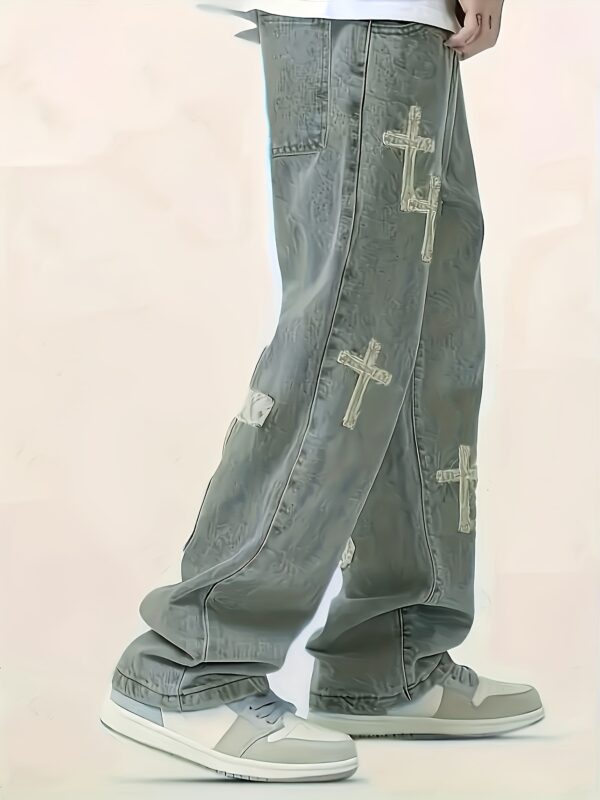 Men's Loose Straight-Leg Jeans with Cross Design - Distressed Denim Casual Pants, Machine Washable All-Season Comfort Fit