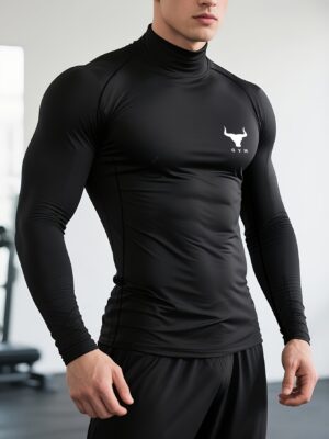 Men'S High-Neck Long Sleeve Gym Shirt - Quick-Dry Compression Workout Top with Moisture-Wicking Stretchy Fabric, Geometric Bull Print Design for Boxing, Training & Fitness, Slim Fit Muscle Support, Athletic Wear, Sleek Sportswear, Highelasticity Fabric