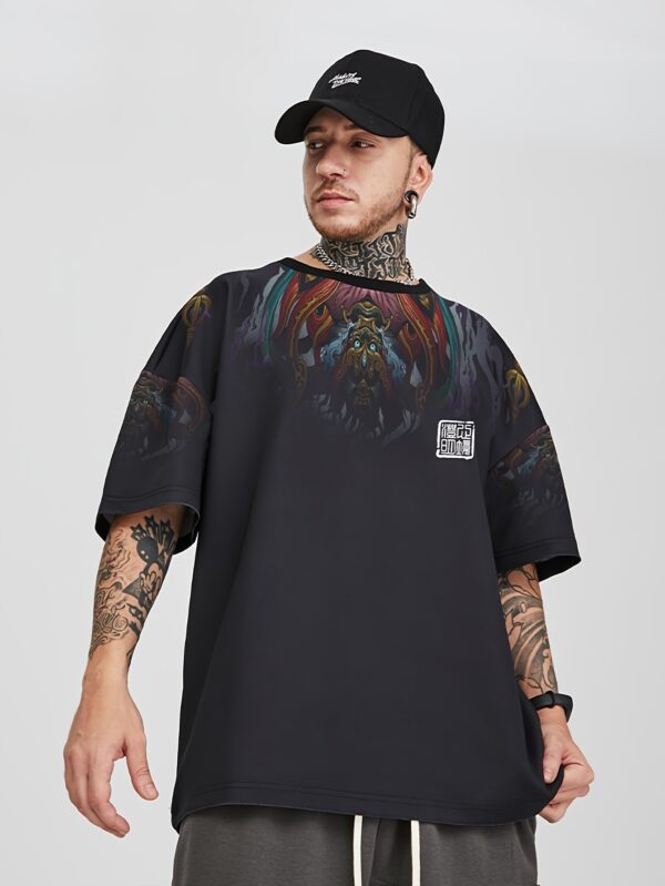 Men's Casual Loose-Fit Short Sleeve T-Shirt - Chinese Zodiac Mythical Creatures Print, Black Polyester Blend, Round Neck, All-Season Comfort Tee for Adults, Allseason Clothing | Bold Graphic Shirt | Smooth Fabric