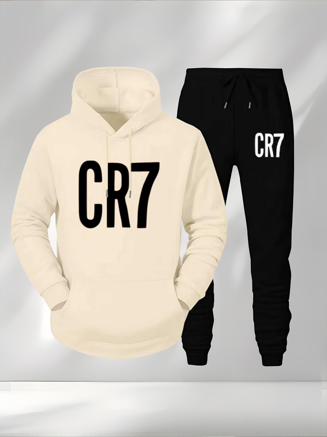 Men'S CR7 Soccer Jersey - Black Hooded Sweatshirt & Joggers Set, Quick-Dry Polyester, Loose Fit, Geometric Pattern, Ideal for Fall/Winter Sports & Casual Wear, Soccer Jersey|Casual Sportswear|Stretchy Fabric