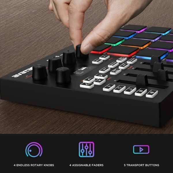 UTIMO MIDI Pad Controller Beat Maker Machine 16 RGB Velocity Sensitive Beat Pads, 16 Level, Full/Half Level, OLED Display, MIDI In/Out, USB Powered, Plastic, for Studio Recordin