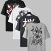 Men'S Casual Crew Neck T-Shirt Set with Japanese-Inspired Dragon & Cherry Blossom Designs - Black, White, and Gray, All-Season Comfort, Everyday Tee | Graphic Tee Set | Glossy Finish, PLUS SIZE