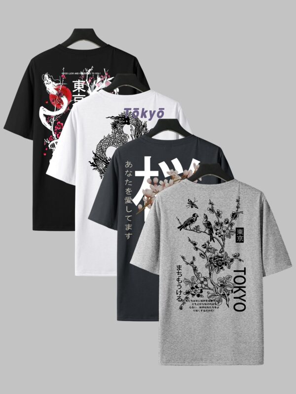Men'S Casual Crew Neck T-Shirt Set with Japanese-Inspired Dragon & Cherry Blossom Designs - Black, White, and Gray, All-Season Comfort, Everyday Tee | Graphic Tee Set | Glossy Finish, PLUS SIZE