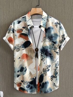 2025 New Men's Casual Short Sleeve Shirt - Watercolor Print Lightweight 100% Polyester, Breathable Summer Button-Up with Regular Fit & Machine Washable Design, Breathable Summer Shirt | Abstract Pattern Shirt | Machine Washable Shirt, Short Sleeve Tops