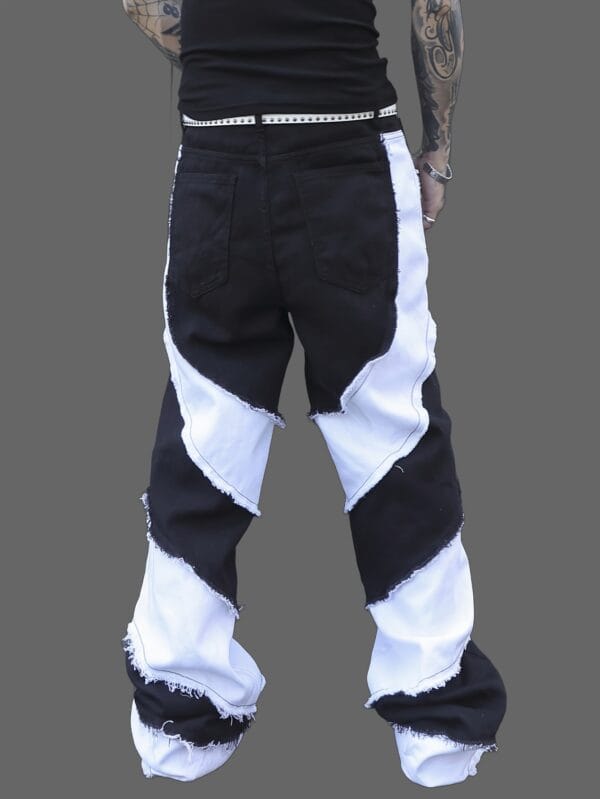 product-fancy-07298405-7263-43ca-9ef8-3d4634d45e81 Men'S Black and White Color Block Cargo Pants, Loose Fit Wide Leg Jeans with Raw Wash Detail, Street Style Non-Stretch Denim for All Seasons, Casual Wear Pants | Streetwear Pants | Denim Fabric
