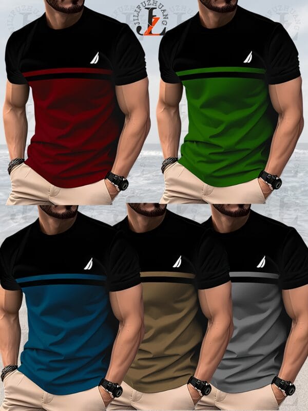 product-fancy-08f2edf2-012d-492e-acf9-320855bf18b9 5pcs Men'S Color Block T-Shirts - 3D Digital Print, Short Sleeve, Regular Fit, Breathable Polyester Blend, Summer Casual Wear, Black with Red/Blue/Green/Beige/Gray Contrast Stripes, Sports T Shirts