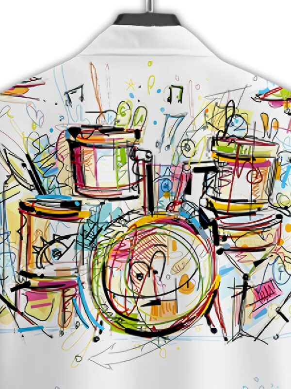 product-fancy-08ffe4a9-0d05-4f81-89ee-439be97db68e Men's short-sleeve shirt with a 3D printed colorful drum set music element graffiti pattern, featuring simple lines that add softness and artistic flair, combining elegance and fashionability, suitable for casual or light business occasions
