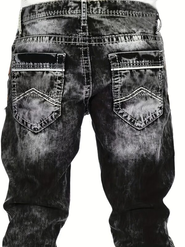 product-fancy-09365219-6759-434d-8f31-dfb4396c75c5 Men's Slim-Fit Straight-Leg Distressed Blue Washed Jeans - Heavy-Duty Stretch Denim, All-Season Comfort, Classic 5-Pocket Design & Frayed Hem for Casual & Semi-Formal Wear (Hand Washable) - Versatile Streetwear to Office Style