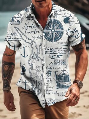 Men's New Fashion Casual Short Sleeve Shirt Trendy Personality Nautical Totem Color Block Print Summer Stylish Versatile Comfortable Breathable Short Sleeve Shirt