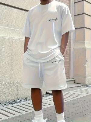 product-fancy-0c1475a5-c592-47d1-a5cf-d8c129d7ac08 Men'S Casual Sporty Two-Piece Set - Red T-Shirt with White Logo & Black Drawstring Shorts, Lightweight Summer Outfit for Outdoor Activities, Casual Sportswear|Casual Style|Lightweight Fabric