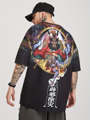 product-fancy-0c6372f4-86bc-4c29-8f0e-dd4efd0b02da Men's Casual Loose-Fit Short Sleeve T-Shirt - Chinese Zodiac Mythical Creatures Print, Black Polyester Blend, Round Neck, All-Season Comfort Tee for Adults, Allseason Clothing | Bold Graphic Shirt | Smooth Fabric