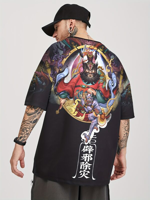 Men's Casual Loose-Fit Short Sleeve T-Shirt - Chinese Zodiac Mythical Creatures Print, Black Polyester Blend, Round Neck, All-Season Comfort Tee for Adults, Allseason Clothing | Bold Graphic Shirt | Smooth Fabric