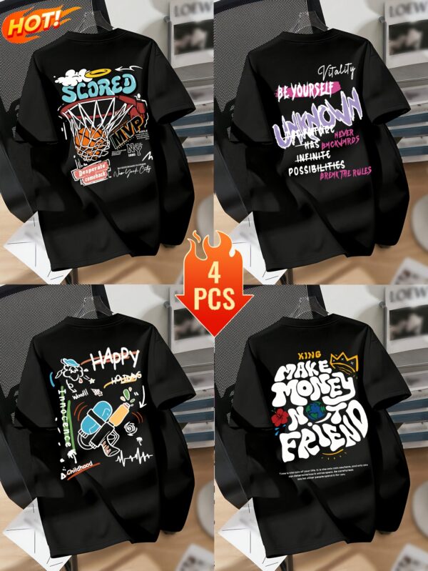 4pcs Men's Trendy Graphic Tees - Casual Crew Neck Short Sleeve T-Shirts with Basketball, Astronaut & More Designs - Soft Polyester Blend, Machine Washable - Versatile for All Seasons, Seasonal Fashion|Trendy Casualwear|Stretch Fabric