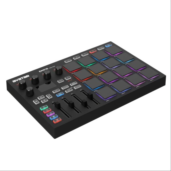 UTIMO MIDI Pad Controller Beat Maker Machine 16 RGB Velocity Sensitive Beat Pads, 16 Level, Full/Half Level, OLED Display, MIDI In/Out, USB Powered, Plastic, for Studio Recordin