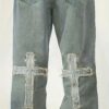 Men's Loose Straight-Leg Jeans with Cross Design - Distressed Denim Casual Pants, Machine Washable All-Season Comfort Fit