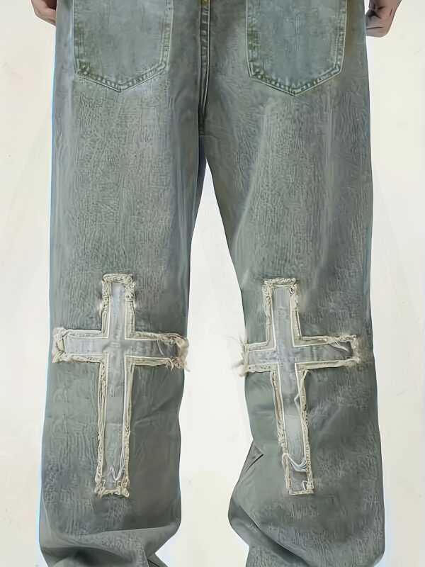 Men's Loose Straight-Leg Jeans with Cross Design - Distressed Denim Casual Pants, Machine Washable All-Season Comfort Fit