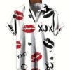 Men's Letters & Lips Print Short Sleeve Lapel Shirt For Summer, Casual Comfy Shirts As Gift