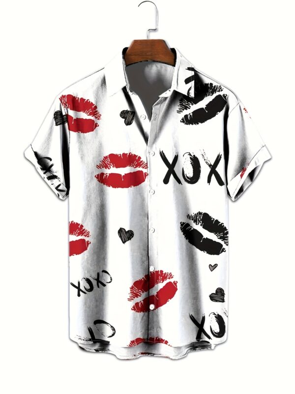 Men's Letters & Lips Print Short Sleeve Lapel Shirt For Summer, Casual Comfy Shirts As Gift