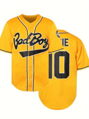 Men'S Badboy #10 Yellow Baseball Jersey - Classic Retro Design with Embroidered Lettering, Button-Up Short Sleeve, Breathable Loose Fit for Training, Competition & Casual Wear - All-Season Comfort, Sports Apparel, Sporty Look, Comfortable Sports Wear, Athletic Clothing, Sporty Style, Durable Stitching, Performance Wear, Fitness Enthusiasts