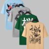 Men'S Casual Crew Neck T-Shirt Set with Japanese-Inspired Dragon & Cherry Blossom Designs - Black, White, and Gray, All-Season Comfort, Everyday Tee | Graphic Tee Set | Glossy Finish, PLUS SIZE