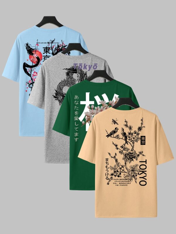 Men'S Casual Crew Neck T-Shirt Set with Japanese-Inspired Dragon & Cherry Blossom Designs - Black, White, and Gray, All-Season Comfort, Everyday Tee | Graphic Tee Set | Glossy Finish, PLUS SIZE