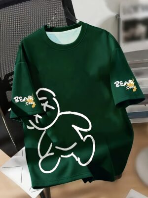 1pc Men'S Casual Summer T-Shirt with Cartoon Bear & "BEAR COOL" Print - Light Blue, Slight Stretch, Regular Fit, Round Neck, Short Sleeve, Perfect for Casual Attire & Weekend Outings, Ideal Gift for Friends, Casual Wear Tee | Playful Graphic Tee | Stretchy Fabric