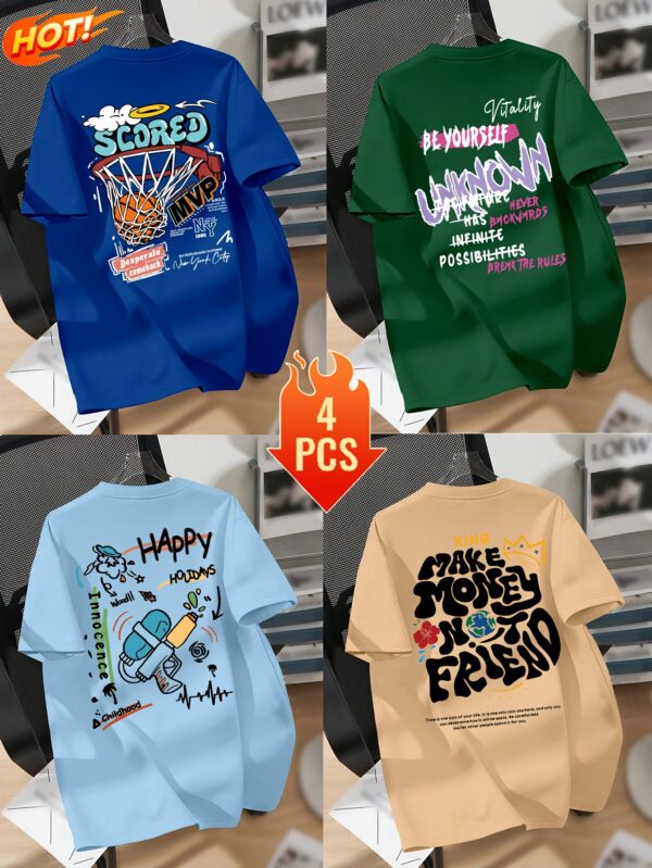 4pcs Men's Trendy Graphic Tees - Casual Crew Neck Short Sleeve T-Shirts with Basketball, Astronaut & More Designs - Soft Polyester Blend, Machine Washable - Versatile for All Seasons, Seasonal Fashion|Trendy Casualwear|Stretch Fabric