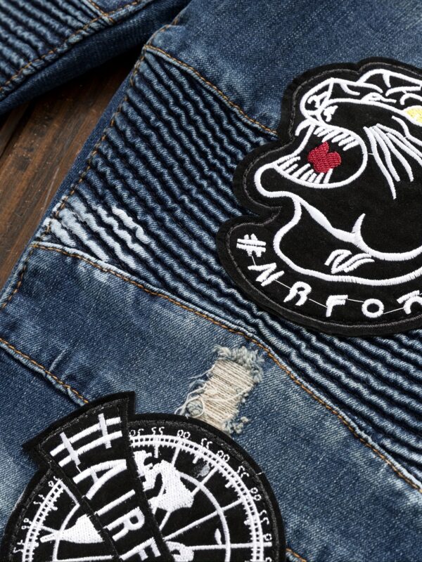 product-fancy-1666e2b4-ba7b-4f40-8ed2-dd783d550753 Men's Vintage Streetwear Distressed Skinny Jeans with Frayed Hem & Blue Wash - Light Blue Denim Slim-Fit Stretch Pants, Machine Washable for Casual & Semi-Formal Outfits (Skull/Peace Sign/Butterfly Patch Design)