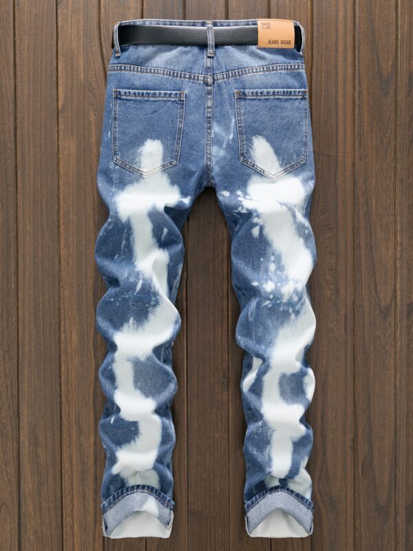 European and American High Street Men's Distressed Patched Slim Fit Straight-Leg Mid-Rise Jeans